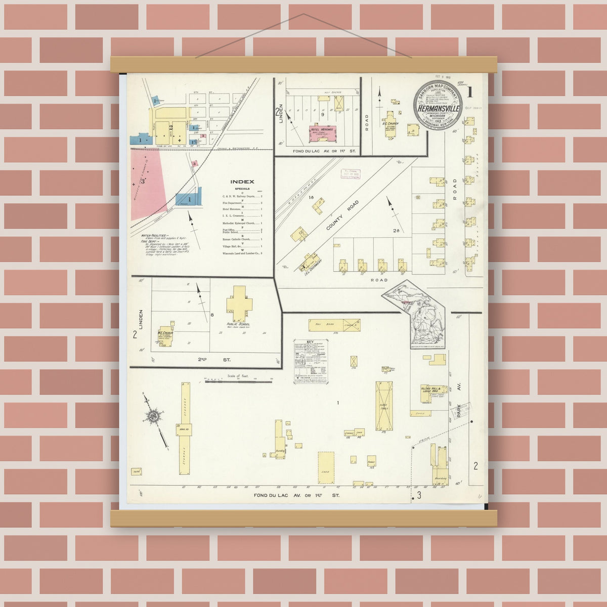 Old map wall art mockup — magnetic wood frame on brick wall — Sanborn Fire Insurance Map from Hermansville, Menominee County, Michigan (1913), Sheet #0001