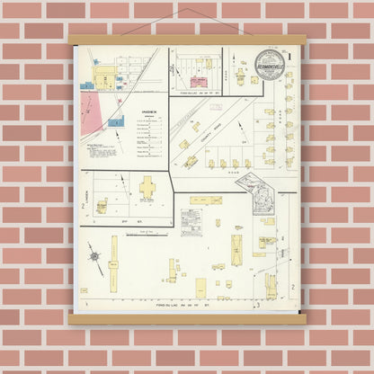Old map wall art mockup — magnetic wood frame on brick wall — Sanborn Fire Insurance Map from Hermansville, Menominee County, Michigan (1913), Sheet #0001