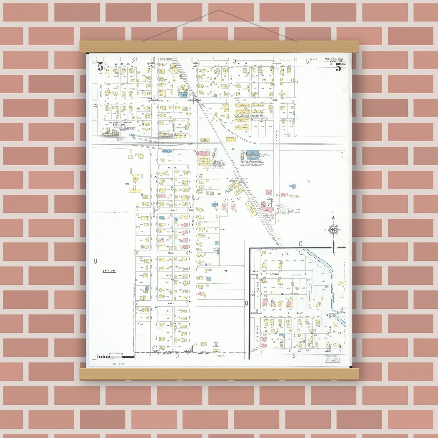 Old map wall art mockup — magnetic wood frame on brick wall — Sanborn Fire Insurance Map from Arcanum, Darke County, Ohio (1951), Sheet #0005