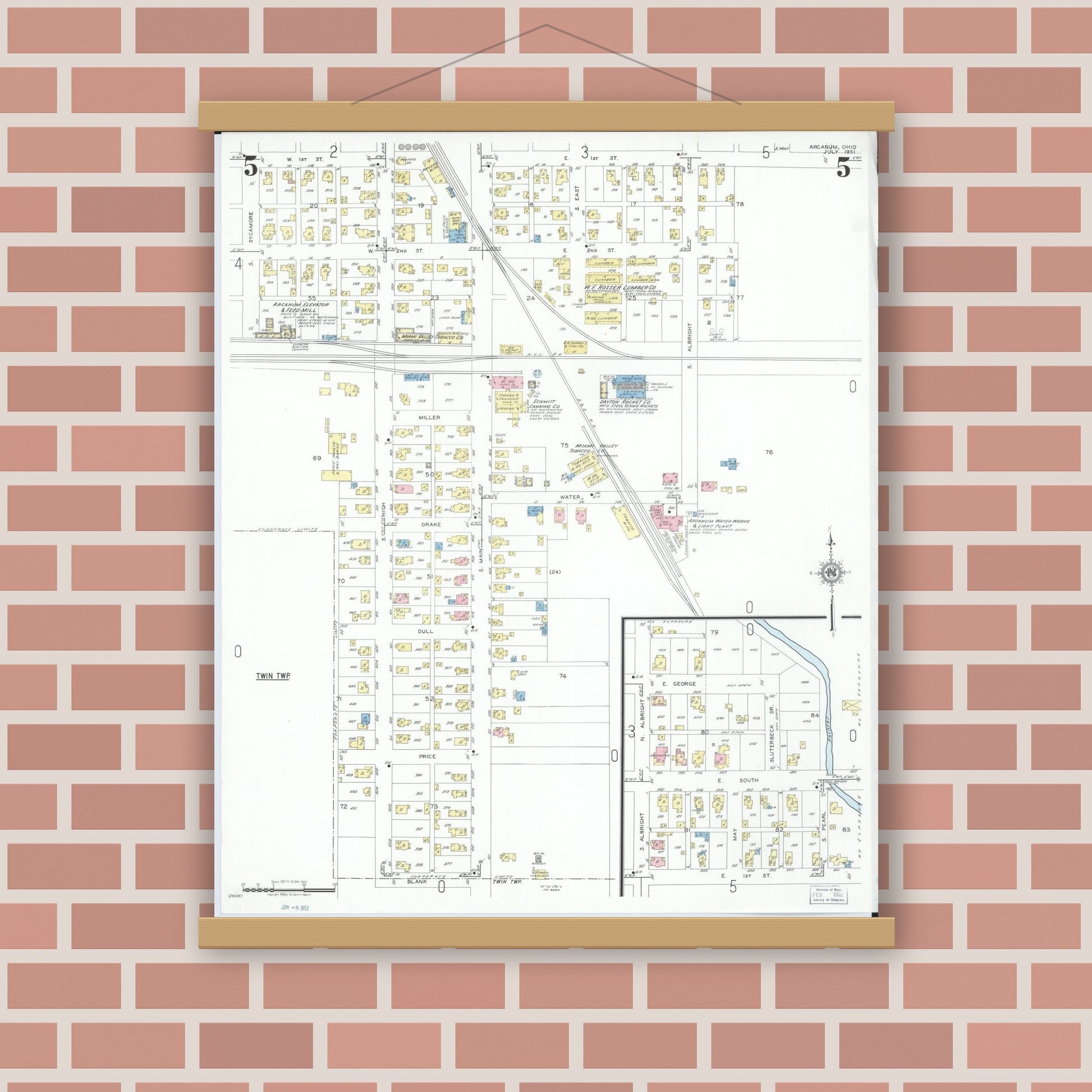 Old map wall art mockup — magnetic wood frame on brick wall — Sanborn Fire Insurance Map from Arcanum, Darke County, Ohio (1951), Sheet #0005