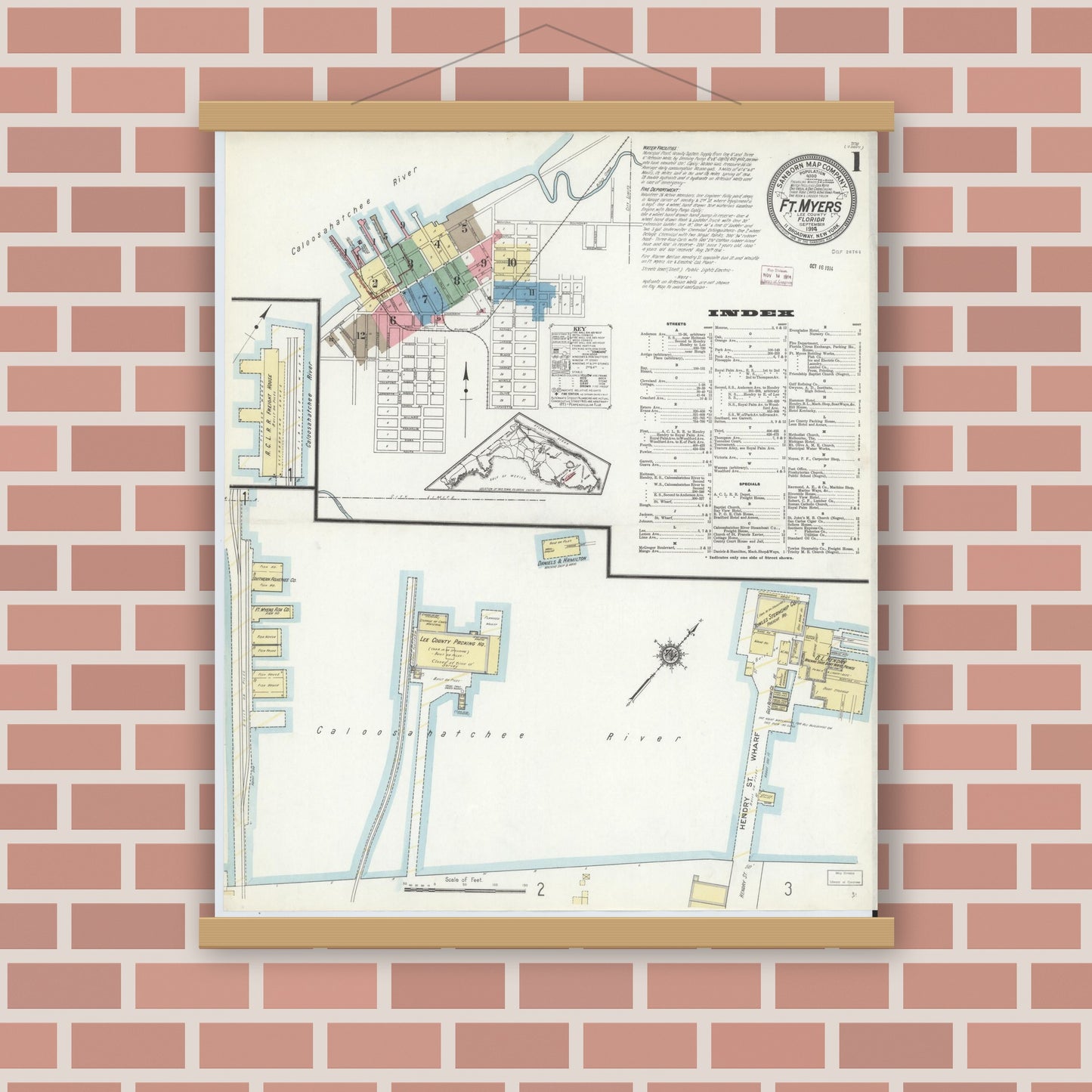 Old map wall art mockup — magnetic wood frame on brick wall — Sanborn Fire Insurance Map from Fort Myers, Lee County, Florida (1914) - Complete Map Set
