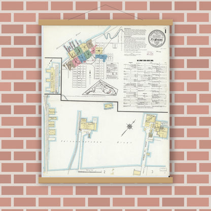 Old map wall art mockup — magnetic wood frame on brick wall — Sanborn Fire Insurance Map from Fort Myers, Lee County, Florida (1914) - Complete Map Set