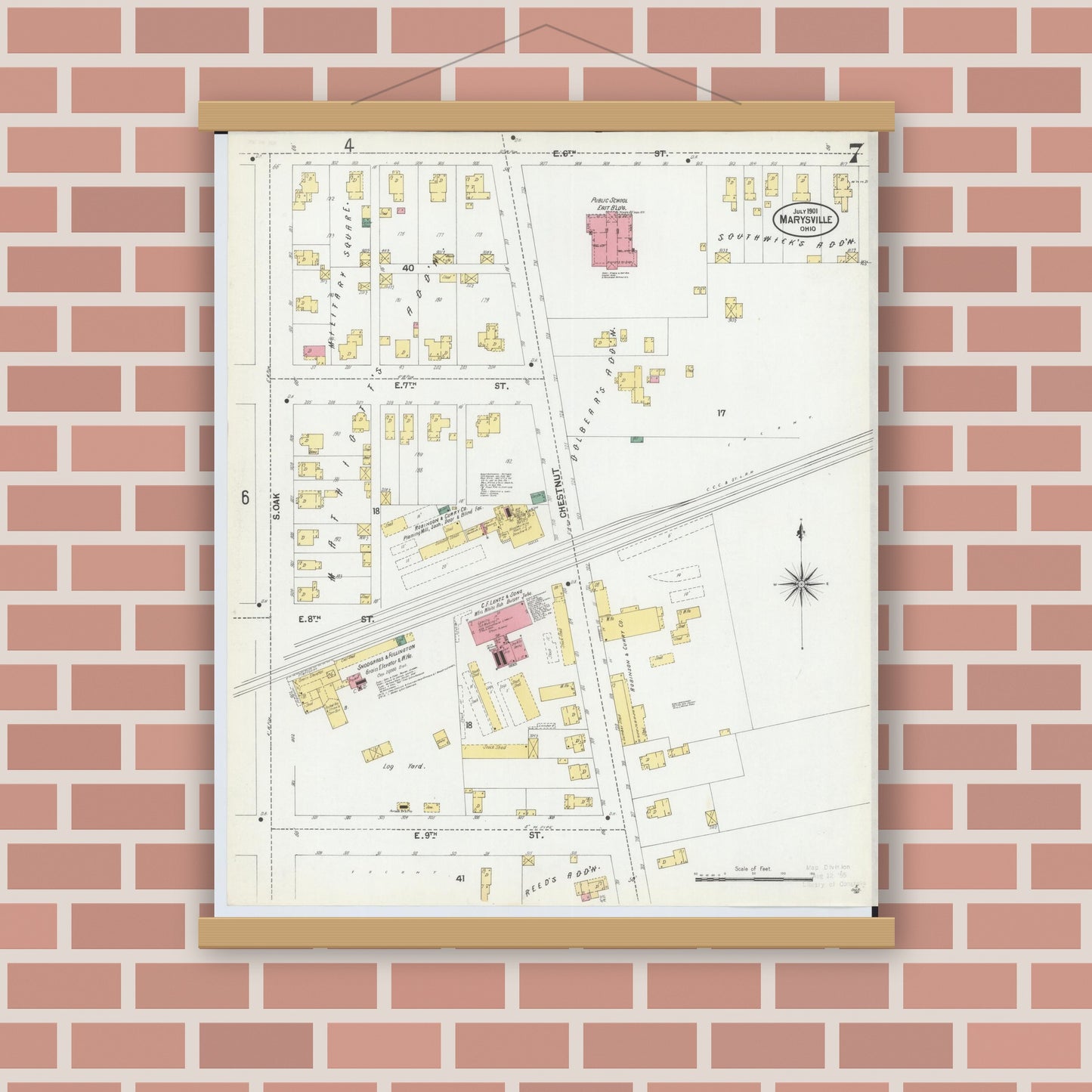 Old map wall art mockup — magnetic wood frame on brick wall — Sanborn Fire Insurance Map from Marysville, Union County, Ohio (1901), Sheet #0007