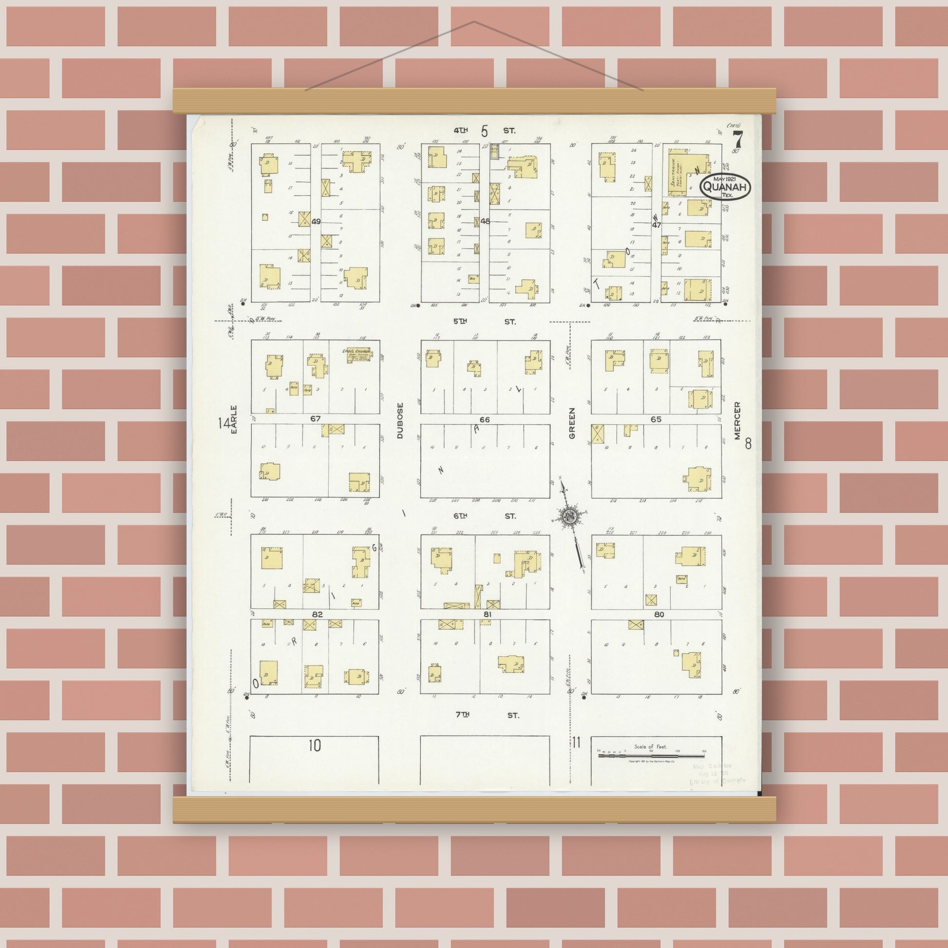 Old map wall art mockup — magnetic wood frame on brick wall — Sanborn Fire Insurance Map from Quanah, Hardeman County, Texas (1921), Sheet #0007