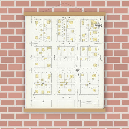 Old map wall art mockup — magnetic wood frame on brick wall — Sanborn Fire Insurance Map from Quanah, Hardeman County, Texas (1921), Sheet #0007