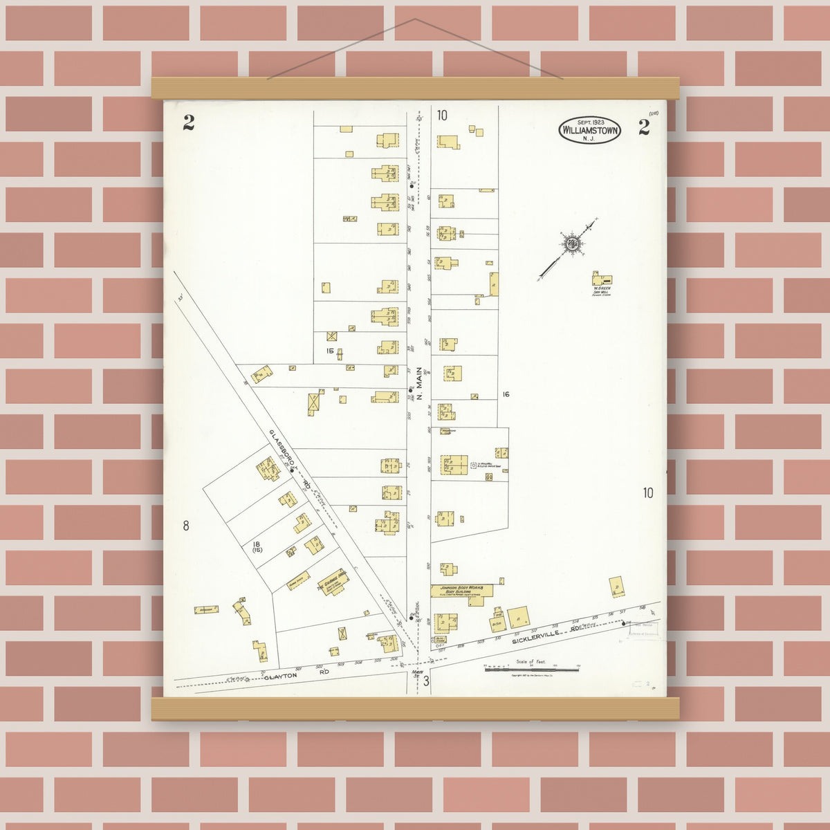 Old map wall art mockup — magnetic wood frame on brick wall — Sanborn Fire Insurance Map from Williamstown, Gloucester County, New Jersey (1923), Sheet #0002