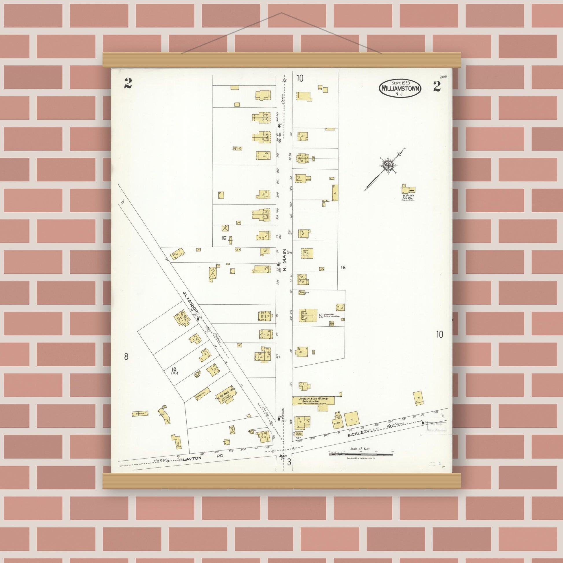 Old map wall art mockup — magnetic wood frame on brick wall — Sanborn Fire Insurance Map from Williamstown, Gloucester County, New Jersey (1923), Sheet #0002