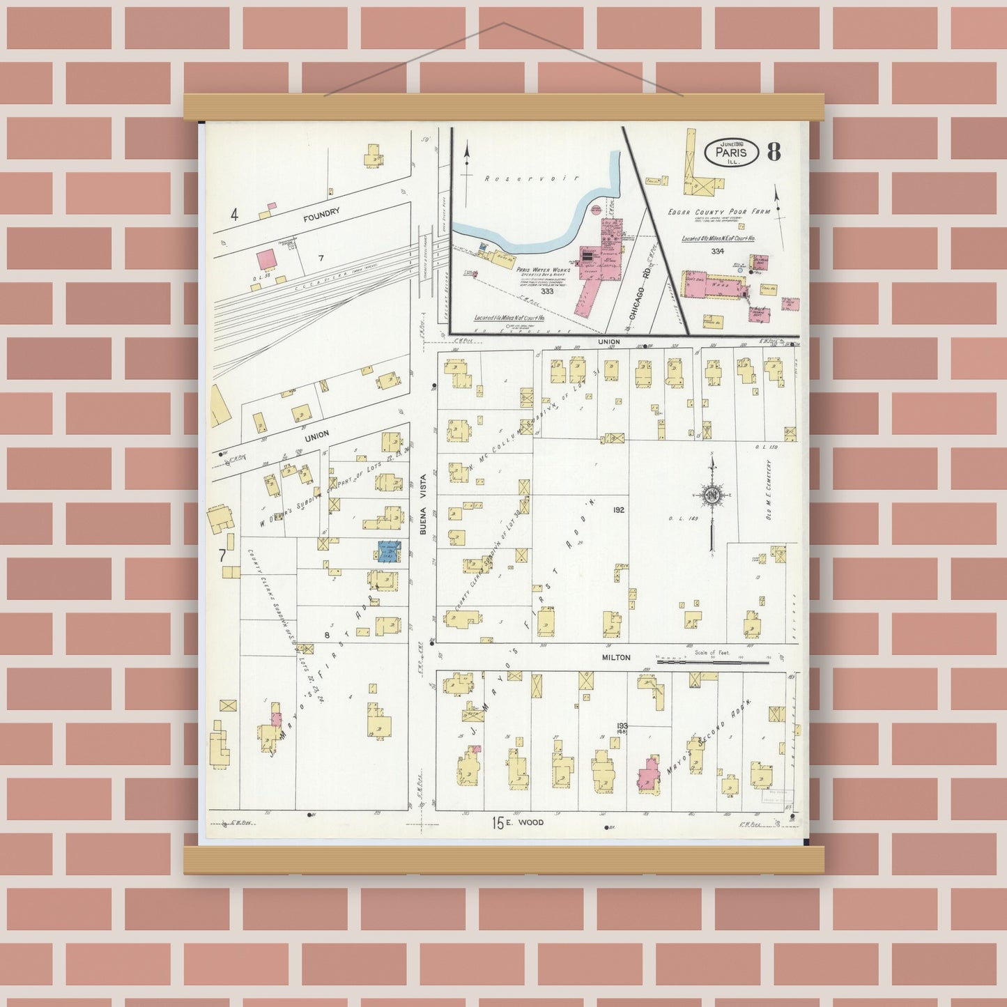 Old map wall art mockup — magnetic wood frame on brick wall — Sanborn Fire Insurance Map from Paris, Edgar County, Illinois (1916), Sheet #0008