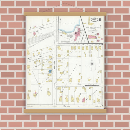 Old map wall art mockup — magnetic wood frame on brick wall — Sanborn Fire Insurance Map from Paris, Edgar County, Illinois (1916), Sheet #0008
