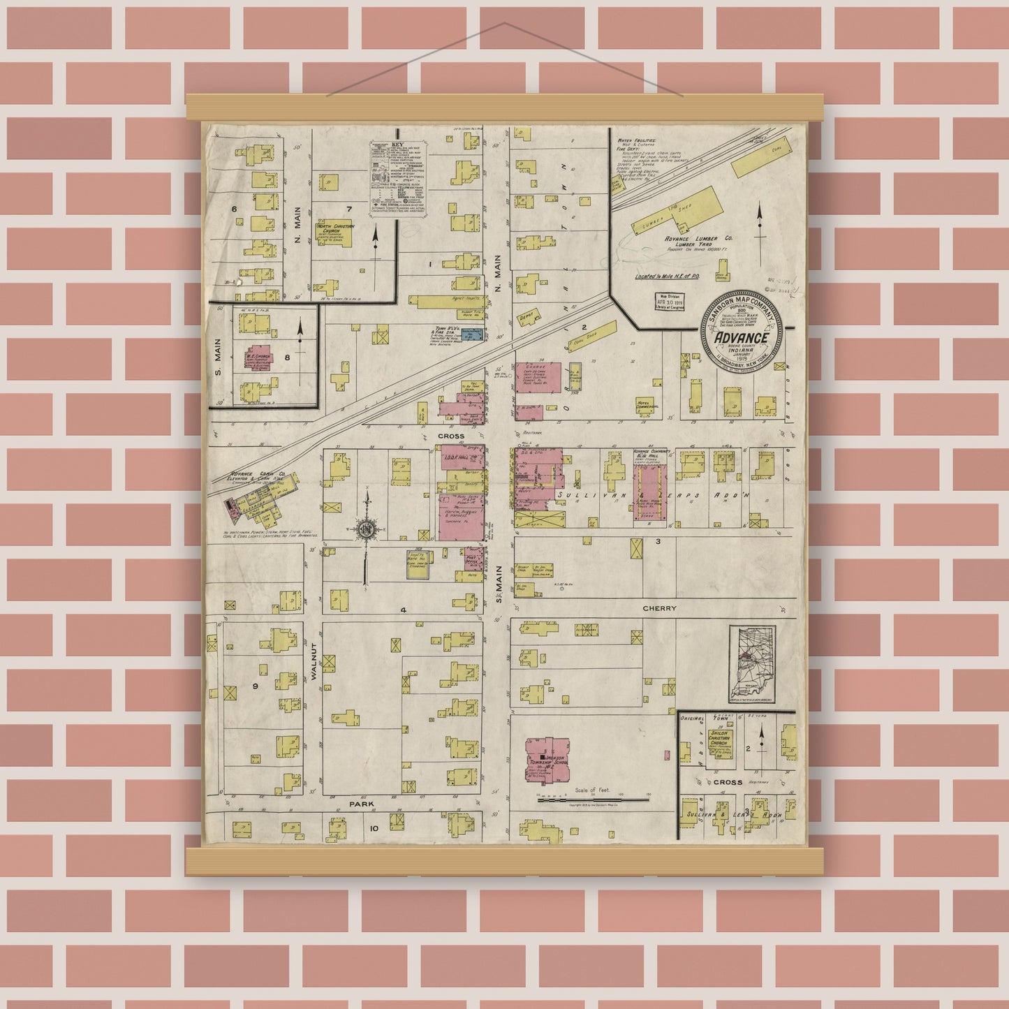Old map wall art mockup — magnetic wood frame on brick wall — Sanborn Fire Insurance Map from Advance, Boone County, Indiana (1919) - Complete Map Set