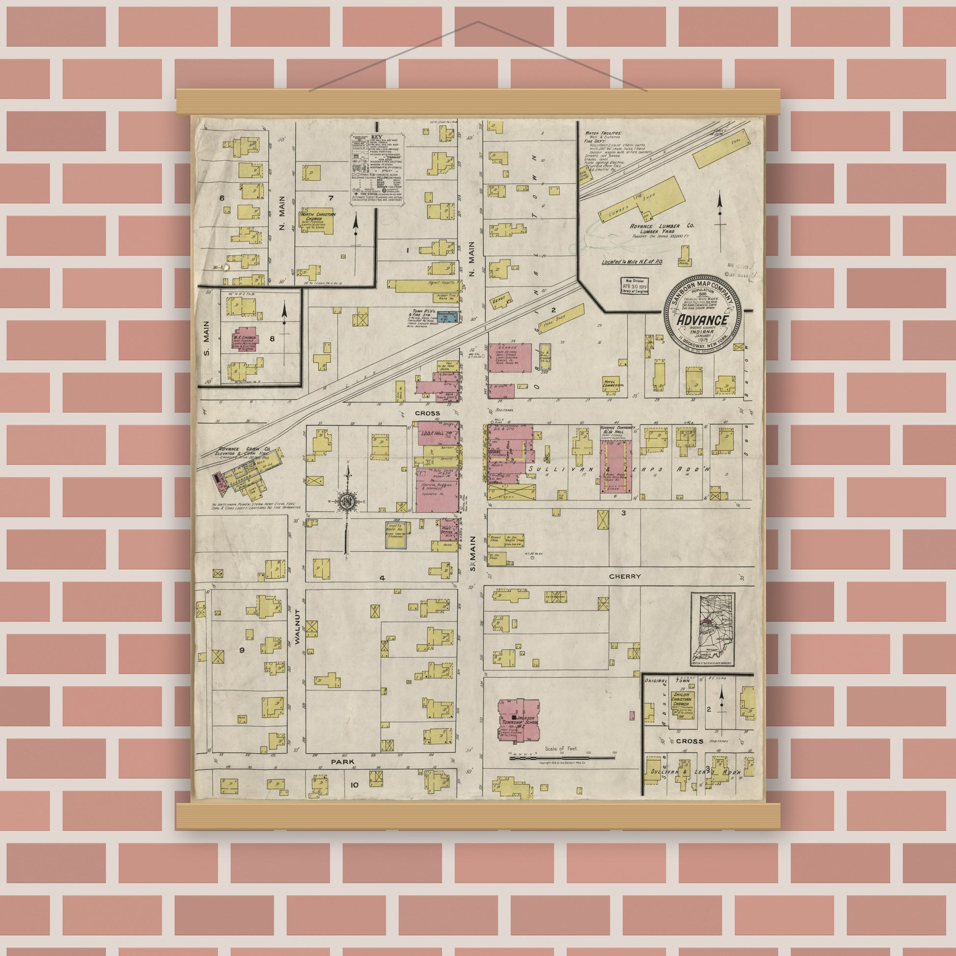 Old map wall art mockup — magnetic wood frame on brick wall — Sanborn Fire Insurance Map from Advance, Boone County, Indiana (1919) - Complete Map Set