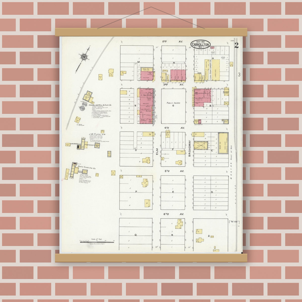Old map wall art mockup — magnetic wood frame on brick wall — Sanborn Fire Insurance Map from Carrollton, Dallas County, Texas (1921), Sheet #0002