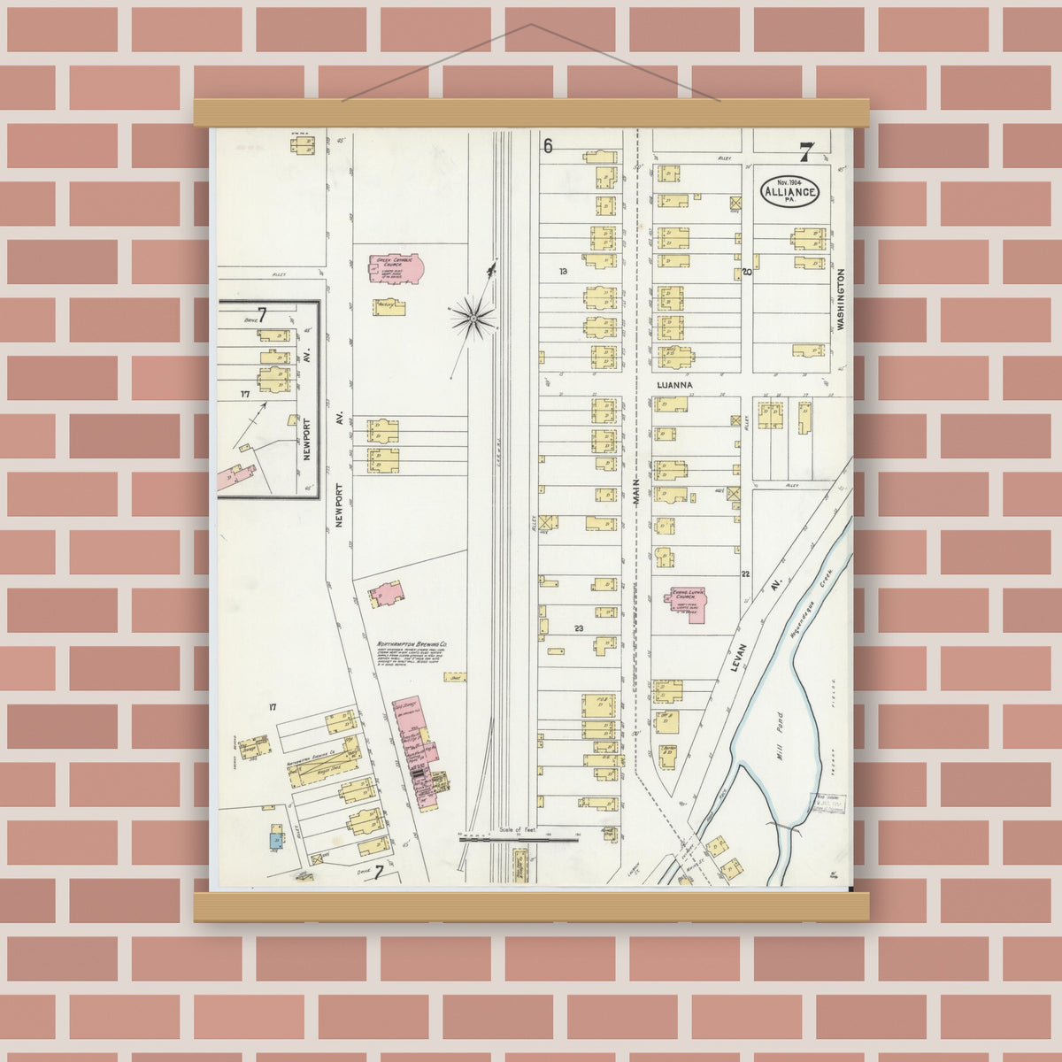 Old map wall art mockup — magnetic wood frame on brick wall — Sanborn Fire Insurance Map from Alliance, Northampton County, Pennsylvania (1904), Sheet #0007