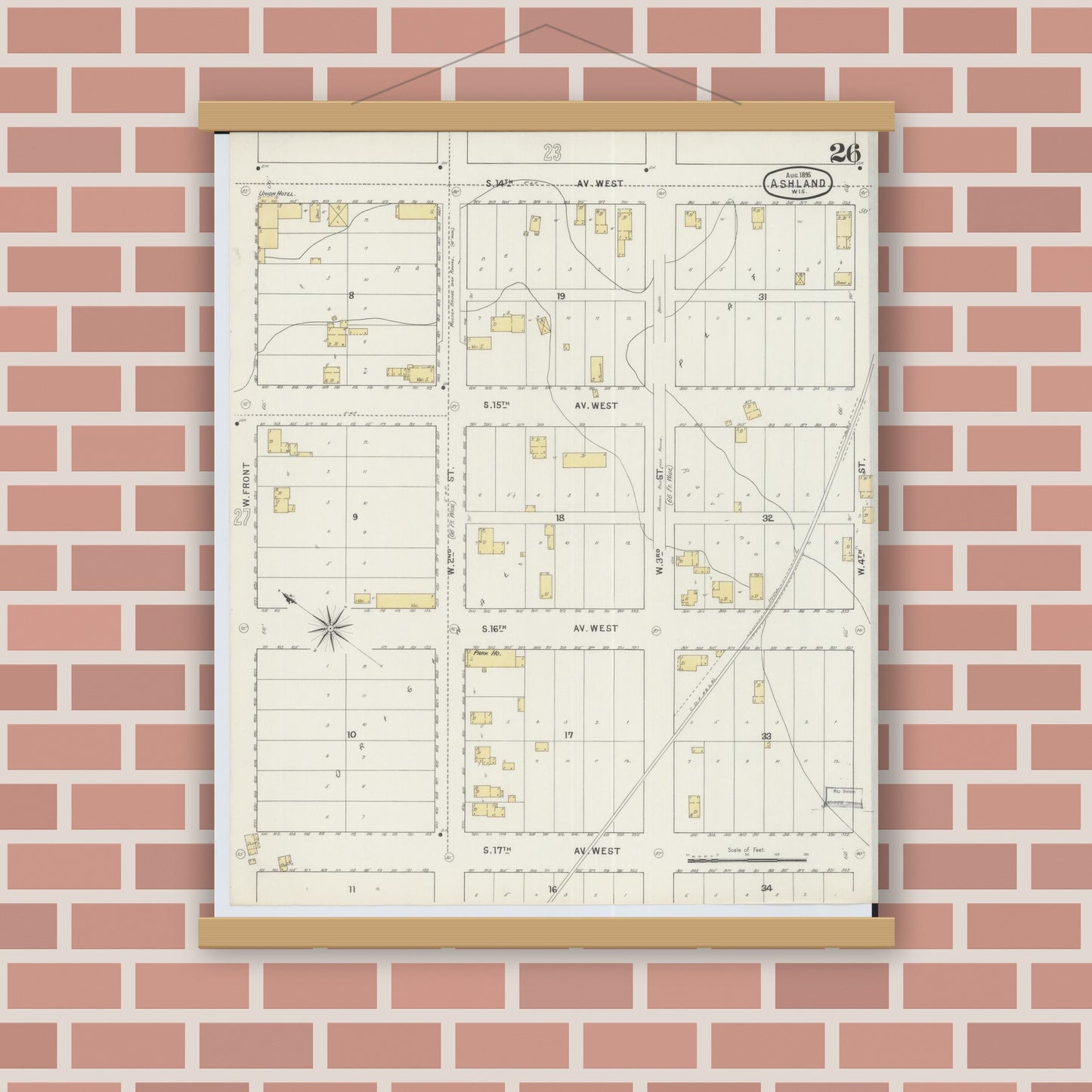 Old map wall art mockup — magnetic wood frame on brick wall — Sanborn Fire Insurance Map from Ashland, Ashland County, Wisconsin (1895), Sheet #0026