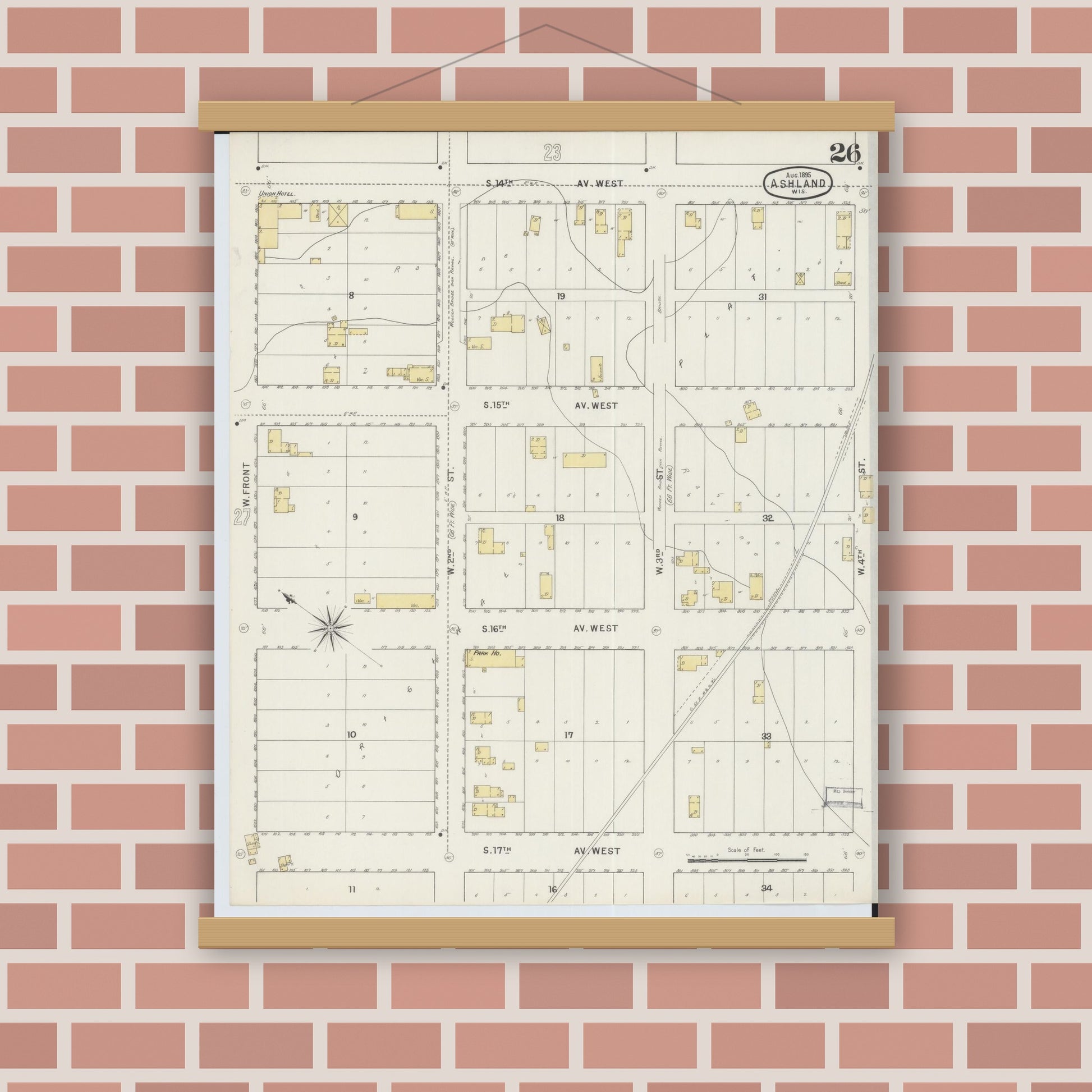 Old map wall art mockup — magnetic wood frame on brick wall — Sanborn Fire Insurance Map from Ashland, Ashland County, Wisconsin (1895), Sheet #0026