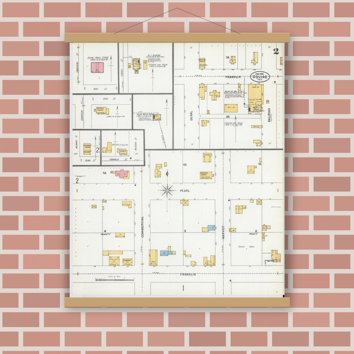 Old map wall art mockup — magnetic wood frame on brick wall — Sanborn Fire Insurance Map from Goliad, Goliad County, Texas (1900), Sheet #0002