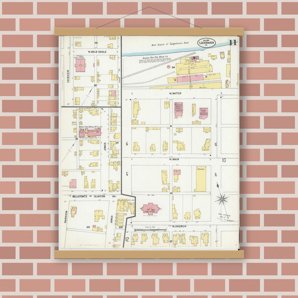 Old map wall art mockup — magnetic wood frame on brick wall — Sanborn Fire Insurance Map from Lock Haven, Clinton County, Pennsylvania (1901), Sheet #0011