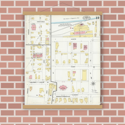 Old map wall art mockup — magnetic wood frame on brick wall — Sanborn Fire Insurance Map from Lock Haven, Clinton County, Pennsylvania (1901), Sheet #0011
