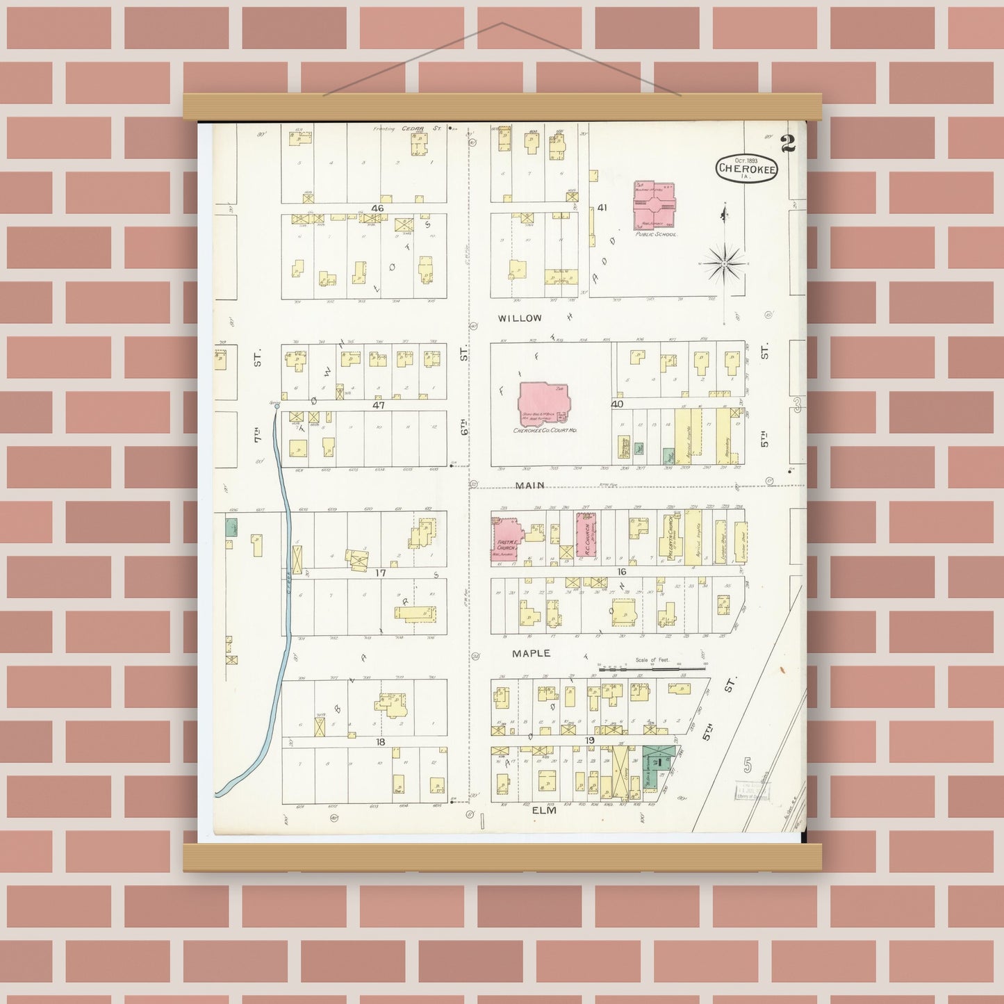 Old map wall art mockup — magnetic wood frame on brick wall — Sanborn Fire Insurance Map from Cherokee, Cherokee County, Iowa (1893), Sheet #0002