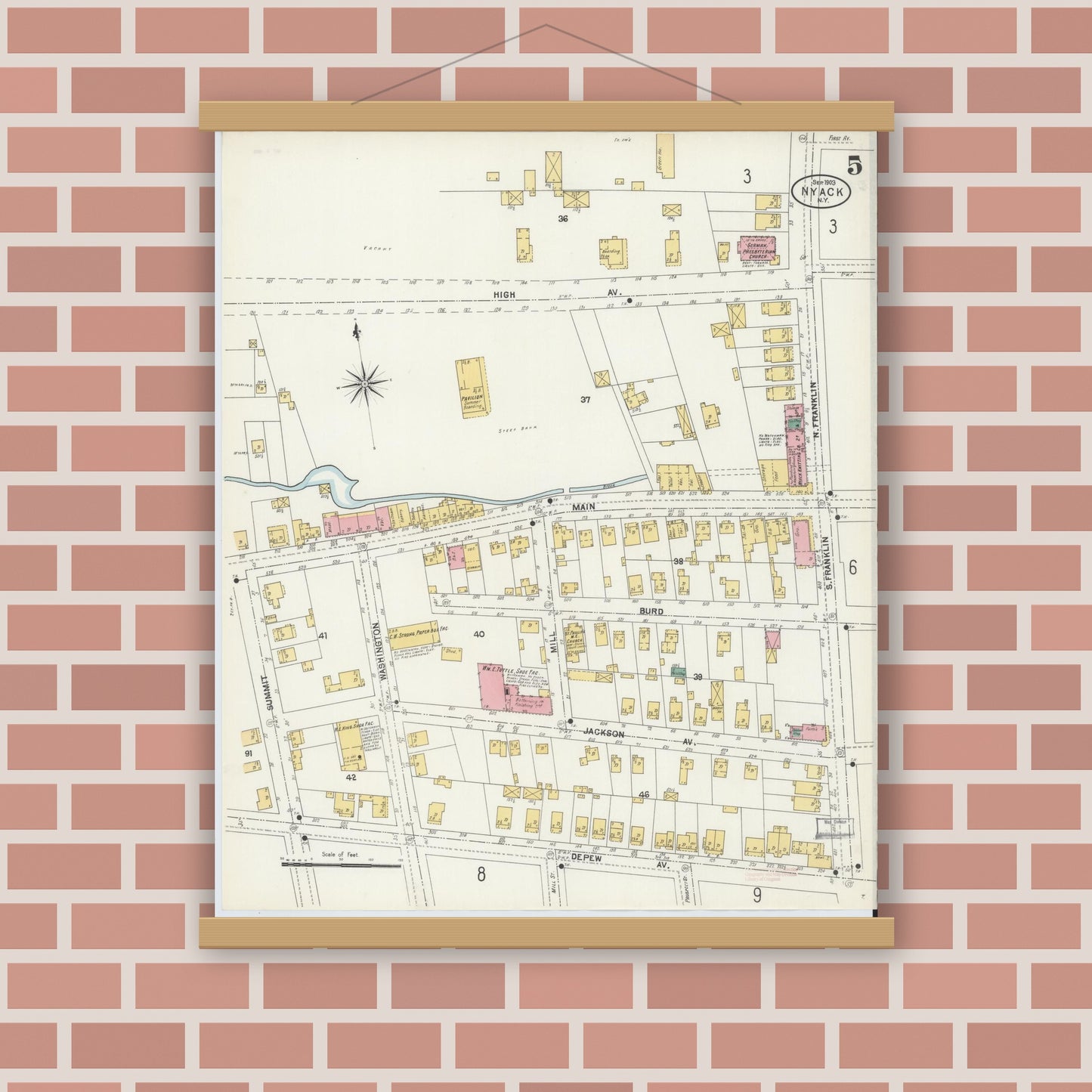 Old map wall art mockup — magnetic wood frame on brick wall — Sanborn Fire Insurance Map from Nyack, Rockland County, New York. (1903), Sheet #0005