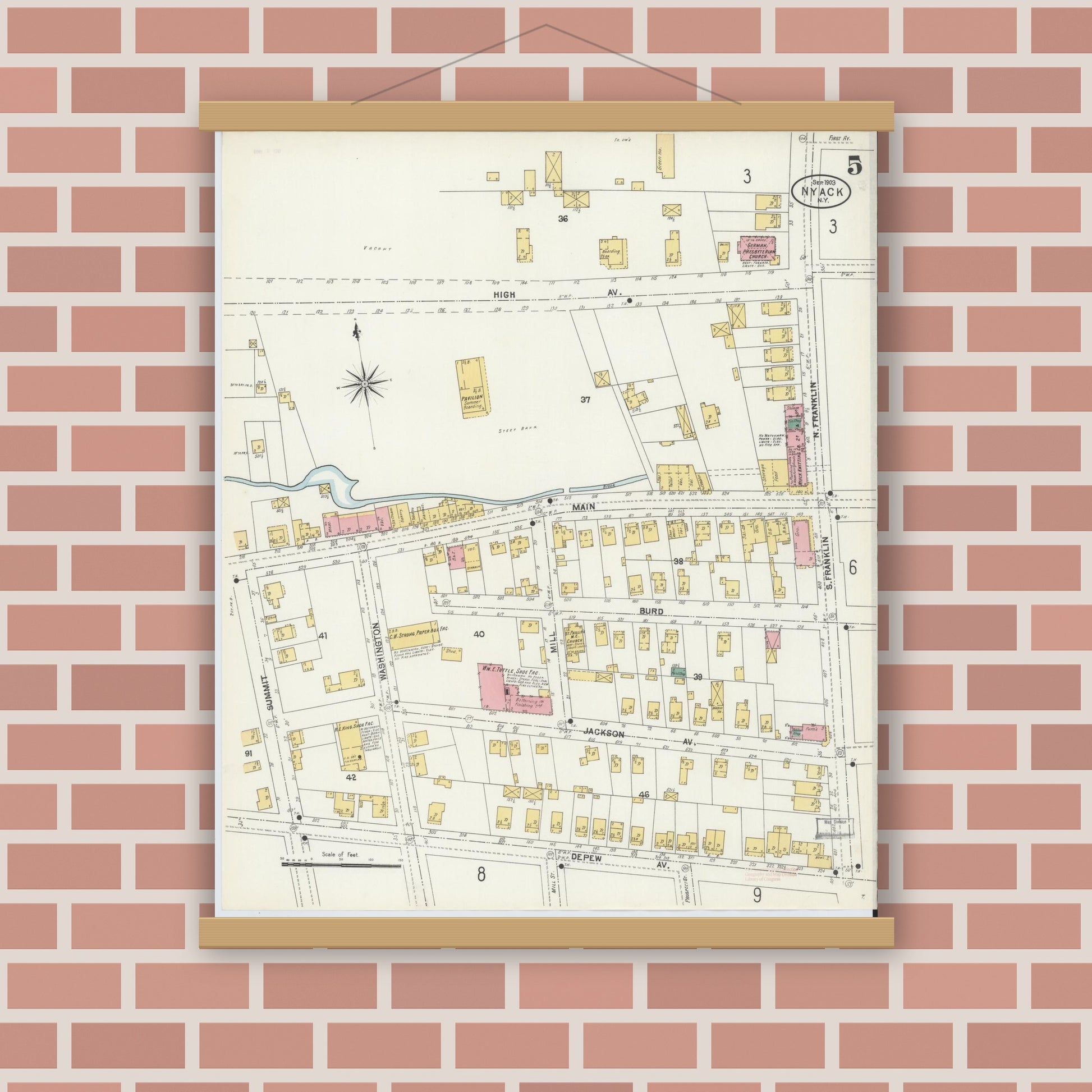 Old map wall art mockup — magnetic wood frame on brick wall — Sanborn Fire Insurance Map from Nyack, Rockland County, New York. (1903), Sheet #0005
