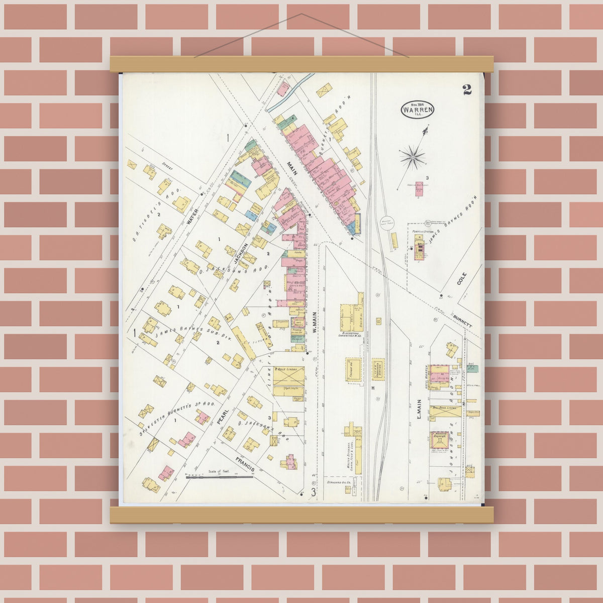 Old map wall art mockup — magnetic wood frame on brick wall — Sanborn Fire Insurance Map from Warren, Jo Daviess County, Illinois (1904), Sheet #0002