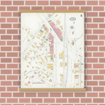 Old map wall art mockup — magnetic wood frame on brick wall — Sanborn Fire Insurance Map from Warren, Jo Daviess County, Illinois (1904), Sheet #0002