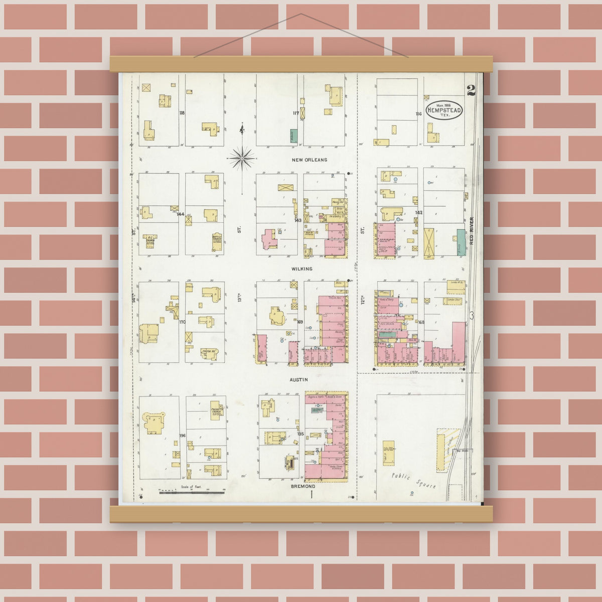 Old map wall art mockup — magnetic wood frame on brick wall — Sanborn Fire Insurance Map from Hempstead, Waller County, Texas (1906), Sheet #0002