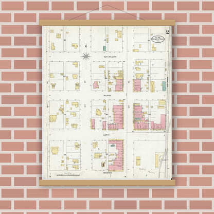 Old map wall art mockup — magnetic wood frame on brick wall — Sanborn Fire Insurance Map from Hempstead, Waller County, Texas (1906), Sheet #0002
