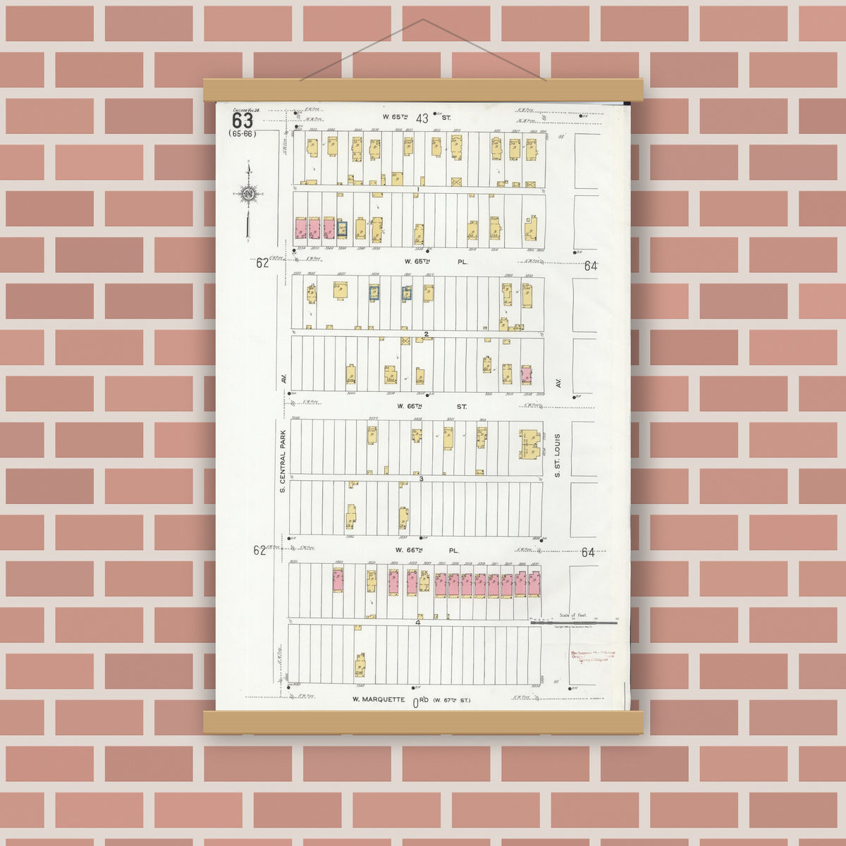 Old map wall art mockup — magnetic wood frame on brick wall — Sanborn Fire Insurance Map from Chicago, Cook County, Illinois (1920), Sheet #0063