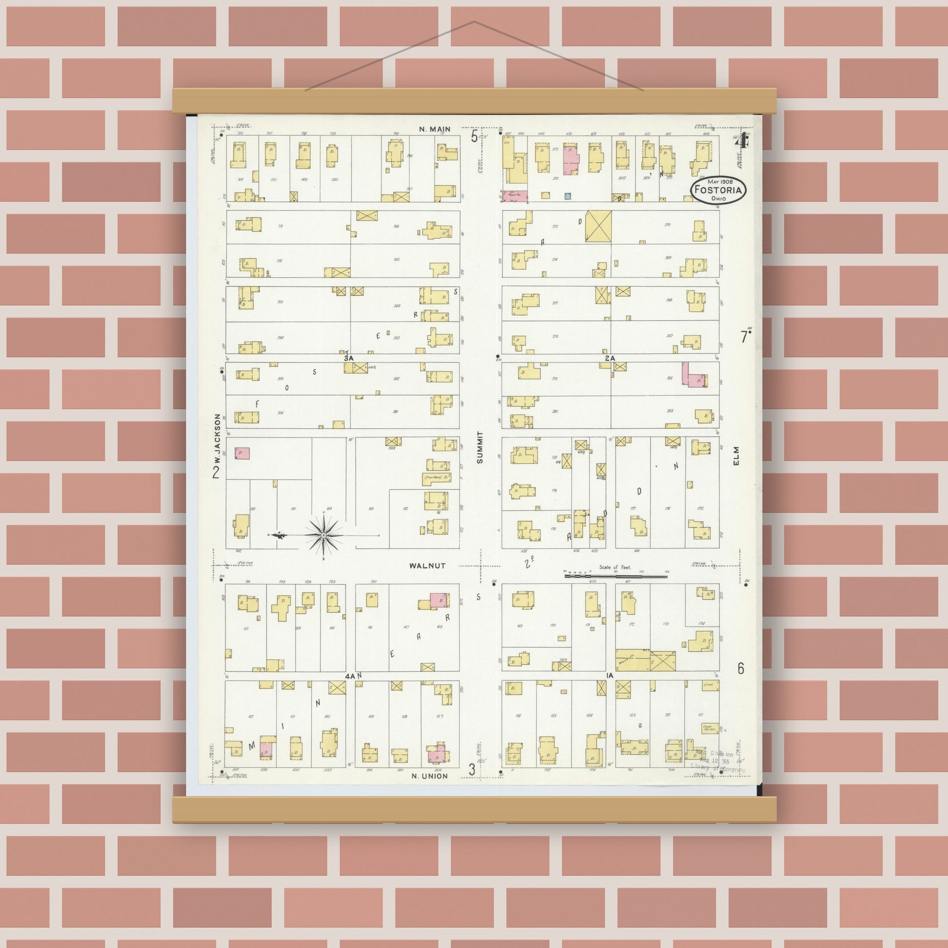 Old map wall art mockup — magnetic wood frame on brick wall — Sanborn Fire Insurance Map from Fostoria, Seneca, Hancock, And Wood Counties, Ohio (1908), Sheet #0004