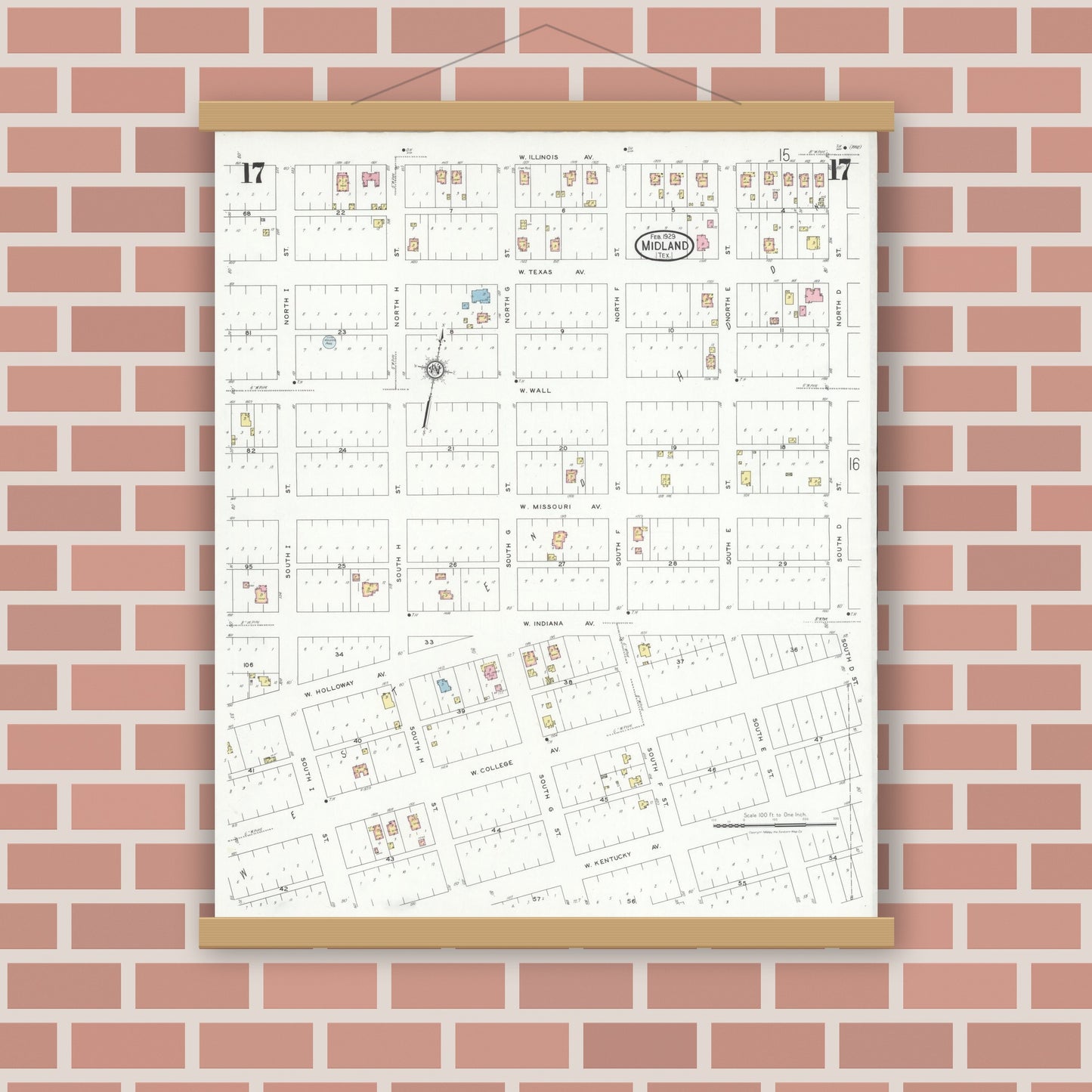 Old map wall art mockup — magnetic wood frame on brick wall — Sanborn Fire Insurance Map from Midland, Midland County, Texas (1929), Sheet #0017