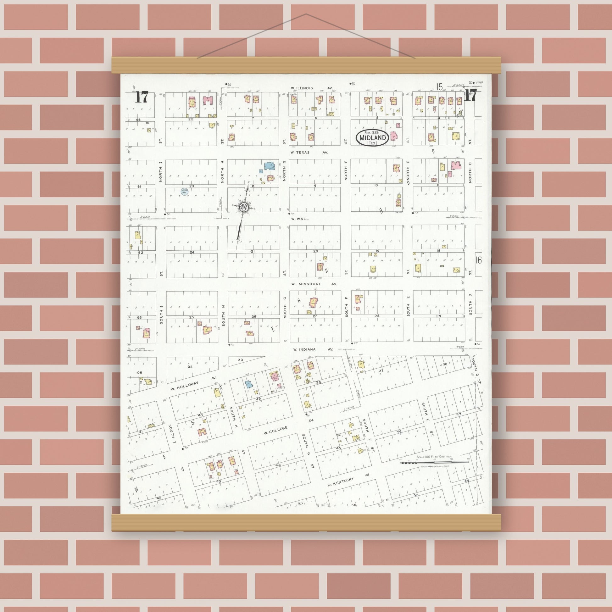 Old map wall art mockup — magnetic wood frame on brick wall — Sanborn Fire Insurance Map from Midland, Midland County, Texas (1929), Sheet #0017
