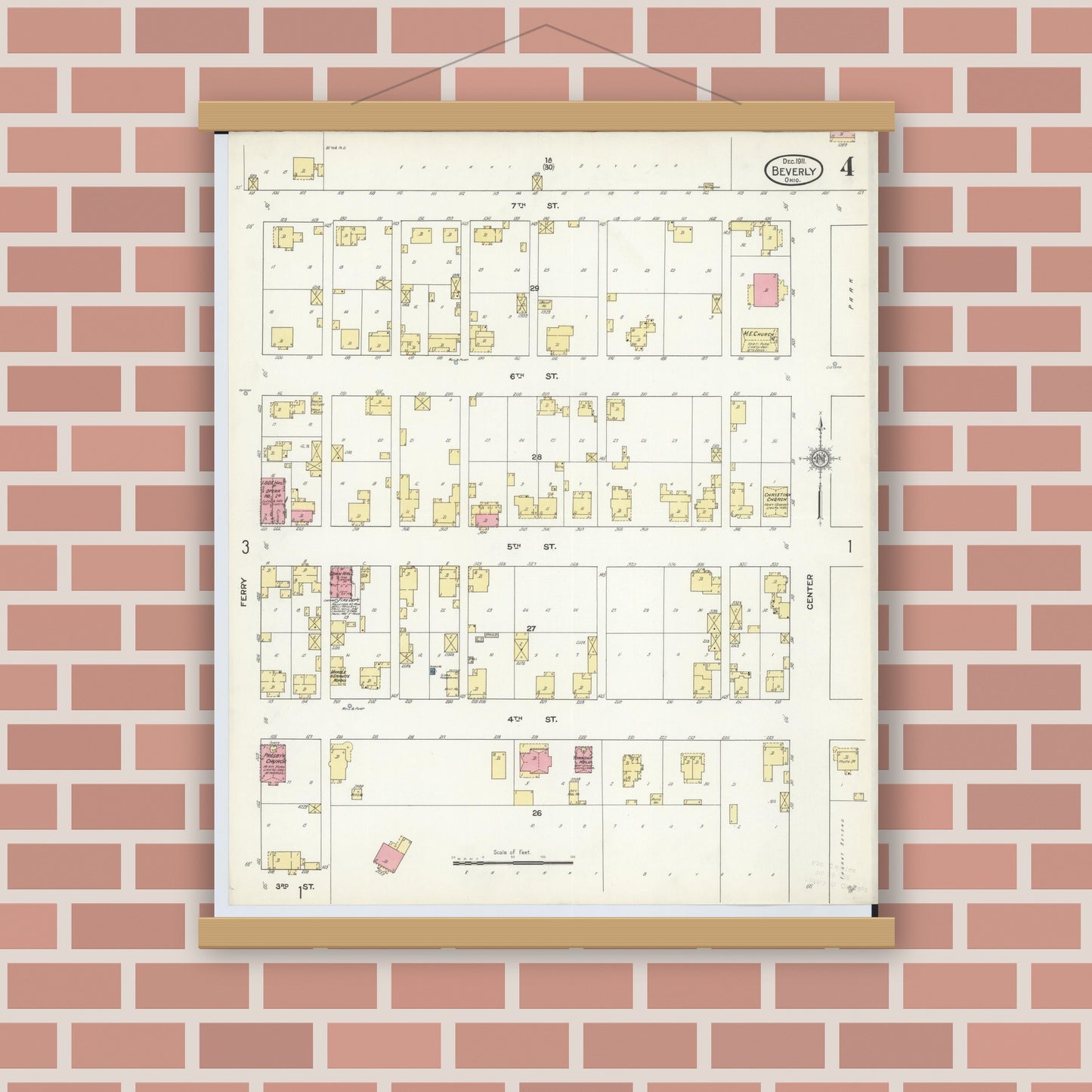 Old map wall art mockup — magnetic wood frame on brick wall — Sanborn Fire Insurance Map from Beverly, Washington County, Ohio (1911), Sheet #0004
