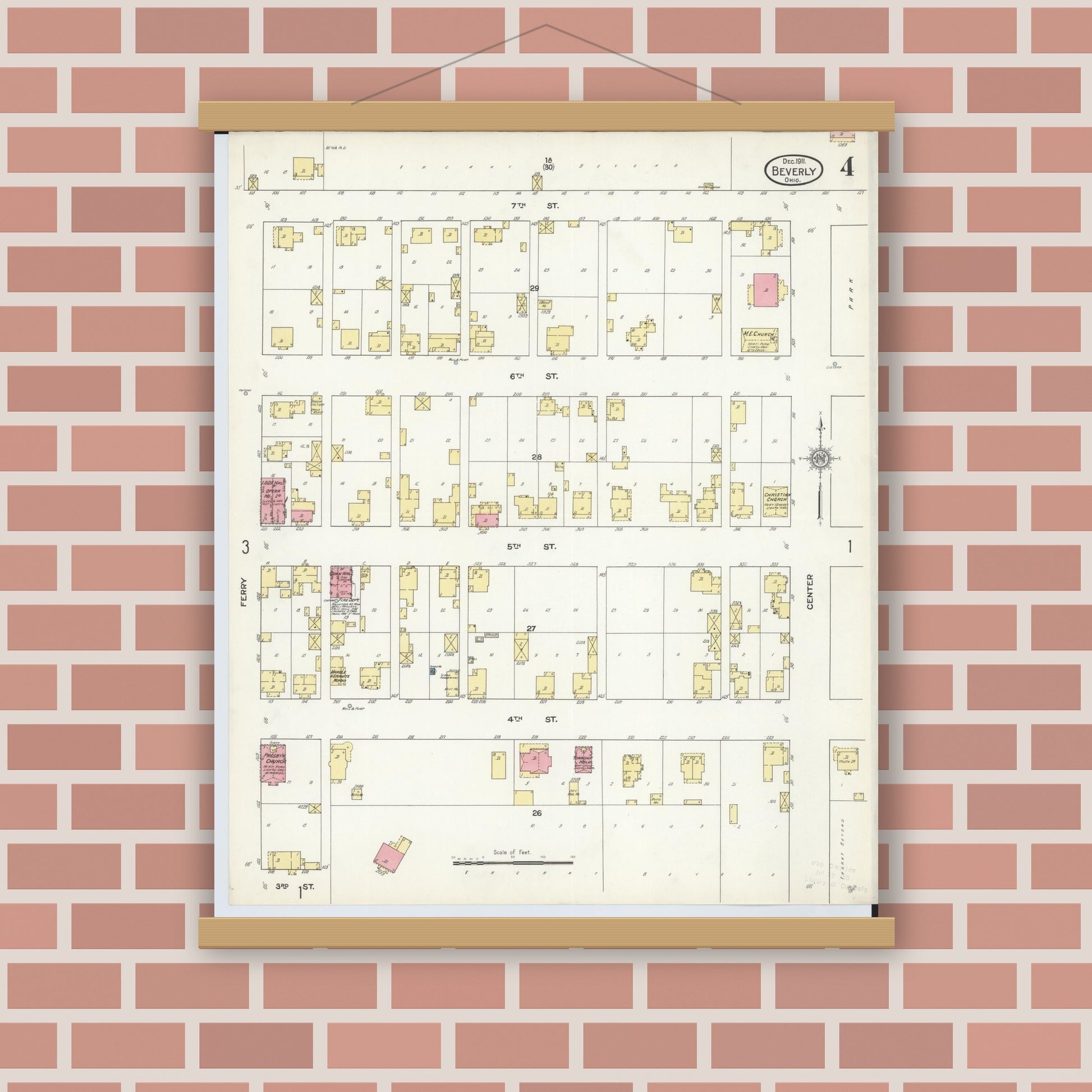 Old map wall art mockup — magnetic wood frame on brick wall — Sanborn Fire Insurance Map from Beverly, Washington County, Ohio (1911), Sheet #0004