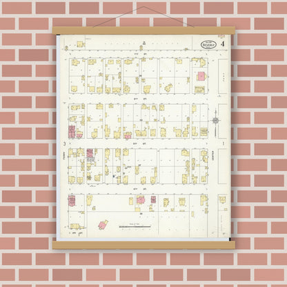 Old map wall art mockup — magnetic wood frame on brick wall — Sanborn Fire Insurance Map from Beverly, Washington County, Ohio (1911), Sheet #0004