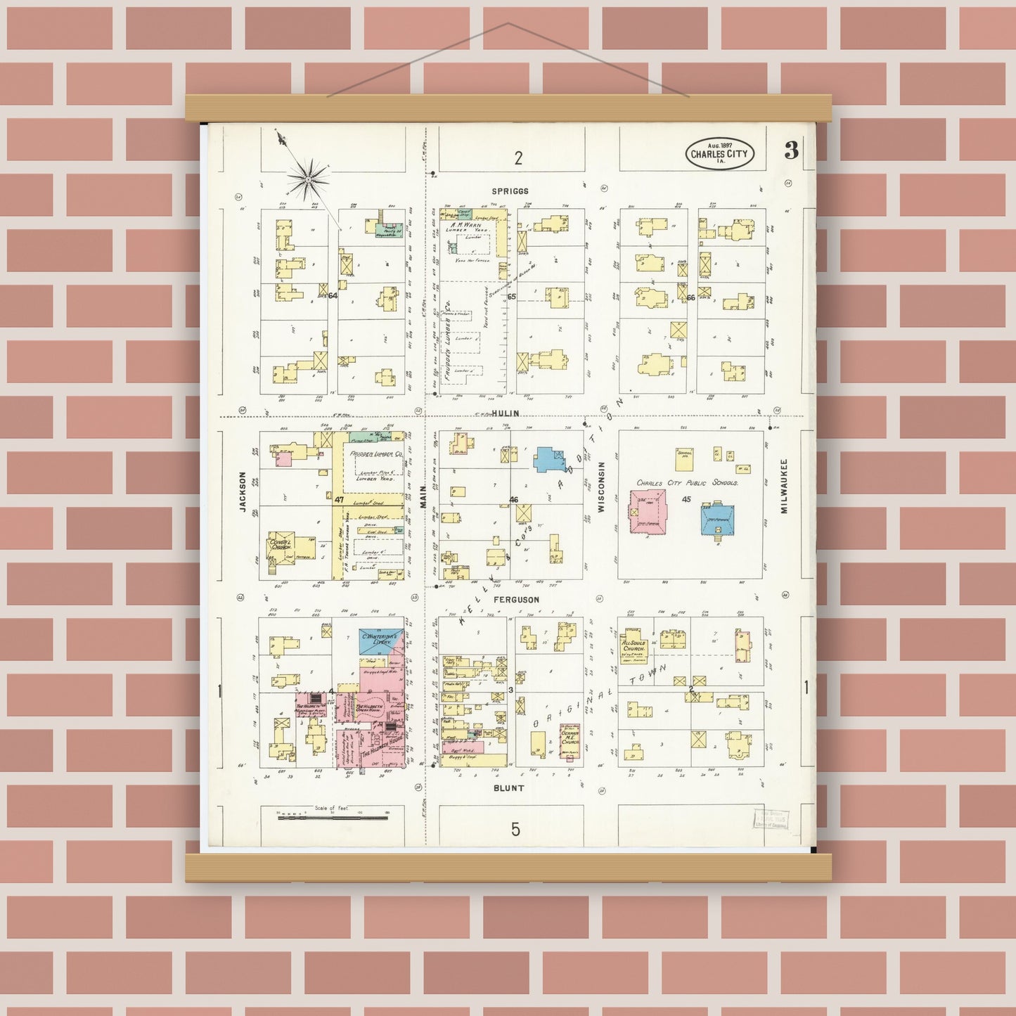 Old map wall art mockup — magnetic wood frame on brick wall — Sanborn Fire Insurance Map from Charles City, Floyd County, Iowa (1897), Sheet #0003