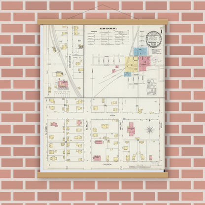 Old map wall art mockup — magnetic wood frame on brick wall — Sanborn Fire Insurance Map from Orrville, Wayne County, Ohio (1893), Sheet #0001