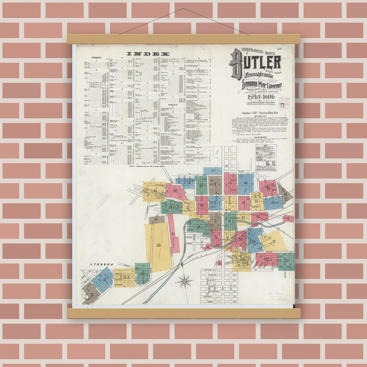 Old map wall art mockup — magnetic wood frame on brick wall — Sanborn Fire Insurance Map from Butler, Butler County, Pennsylvania (1906) - Complete Map Set
