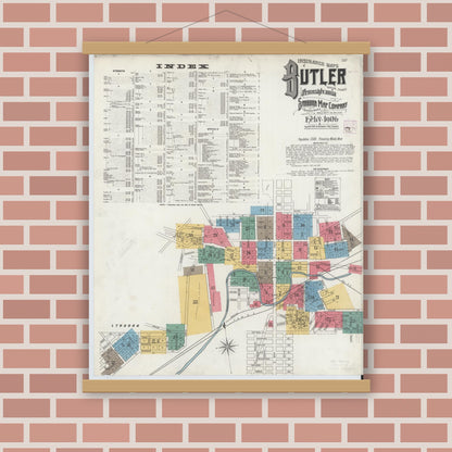 Old map wall art mockup — magnetic wood frame on brick wall — Sanborn Fire Insurance Map from Butler, Butler County, Pennsylvania (1906) - Complete Map Set