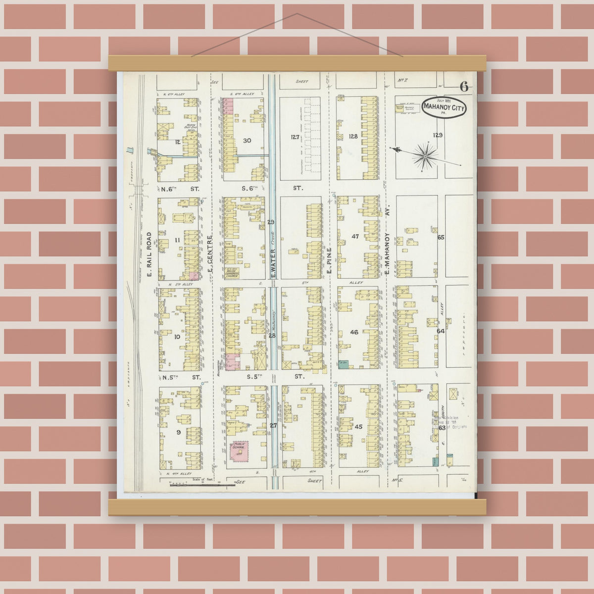 Old map wall art mockup — magnetic wood frame on brick wall — Sanborn Fire Insurance Map from Mahanoy City, Schuylkill County, Pennsylvania (1891), Sheet #0006