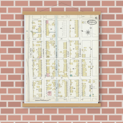 Old map wall art mockup — magnetic wood frame on brick wall — Sanborn Fire Insurance Map from Mahanoy City, Schuylkill County, Pennsylvania (1891), Sheet #0006