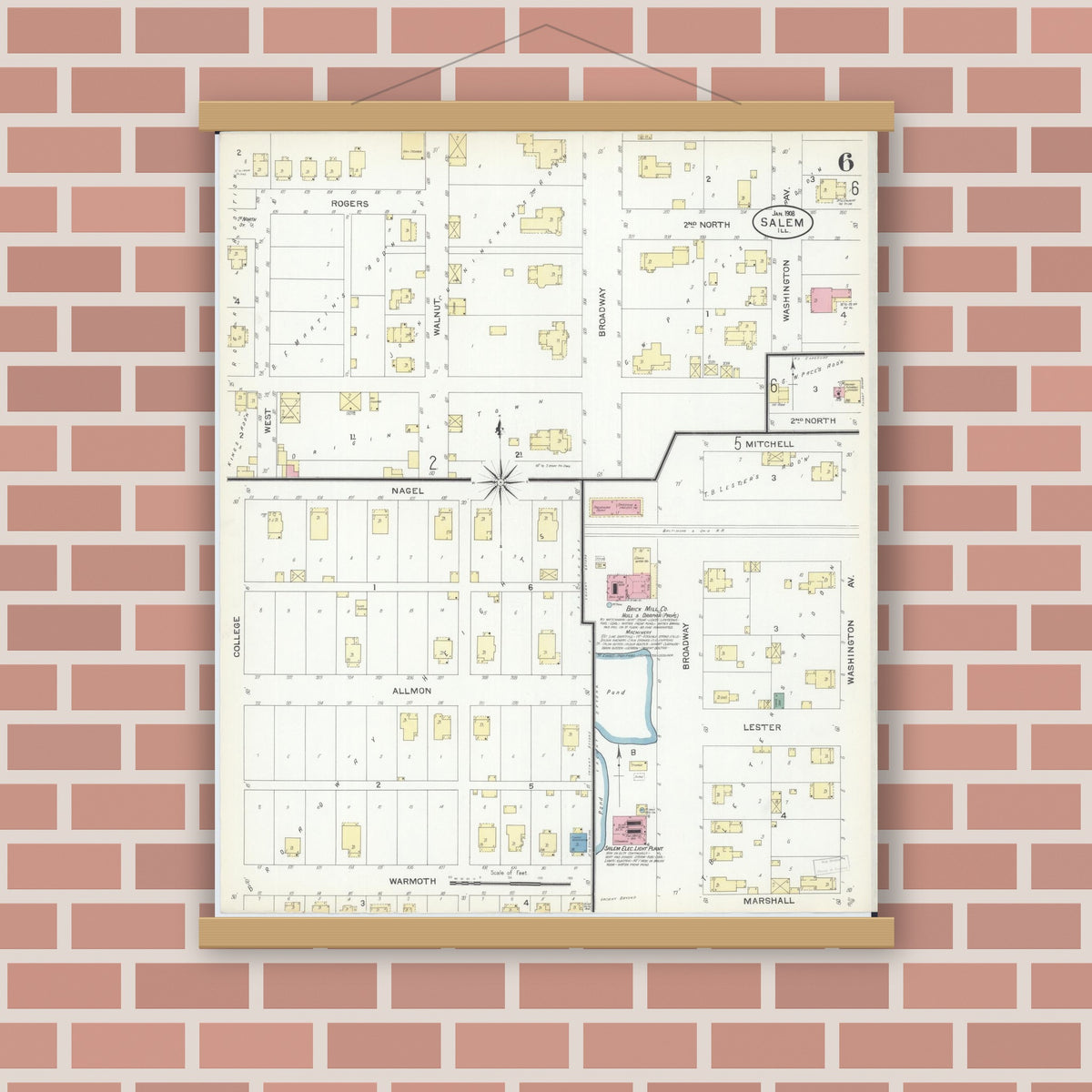 Old map wall art mockup — magnetic wood frame on brick wall — Sanborn Fire Insurance Map from Salem, Marion County, Illinois (1908), Sheet #0006