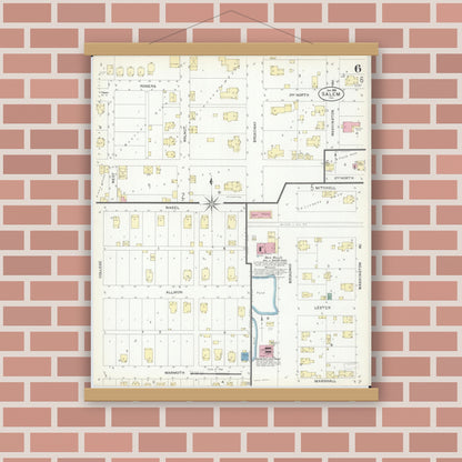 Old map wall art mockup — magnetic wood frame on brick wall — Sanborn Fire Insurance Map from Salem, Marion County, Illinois (1908), Sheet #0006