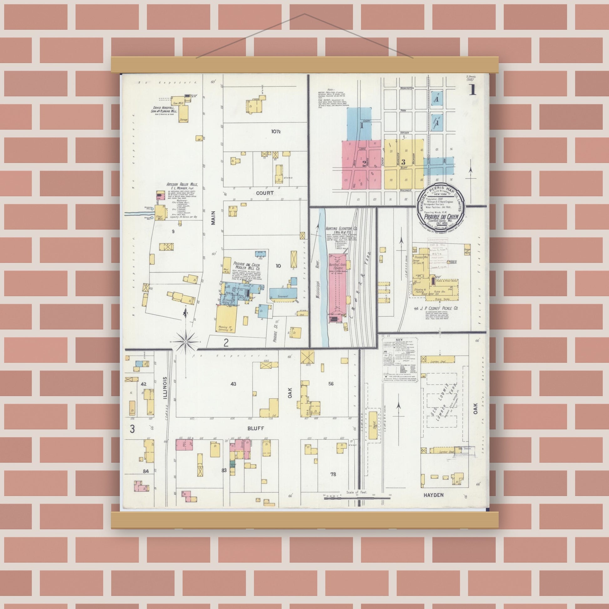 Old map wall art mockup — magnetic wood frame on brick wall — Sanborn Fire Insurance Map from Prairie du Chien, Crawford County, Wisconsin (1899), Sheet #0001