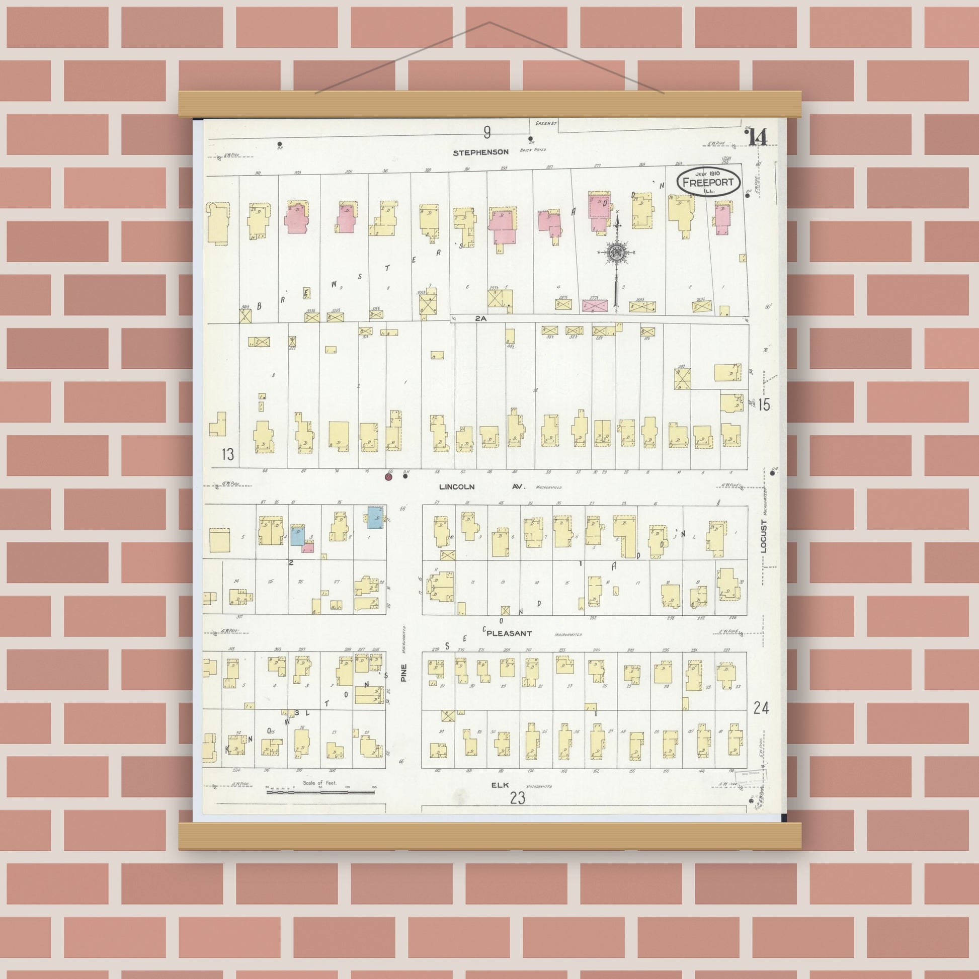 Old map wall art mockup — magnetic wood frame on brick wall — Sanborn Fire Insurance Map from Freeport, Stephenson County, Illinois (1910), Sheet #0014