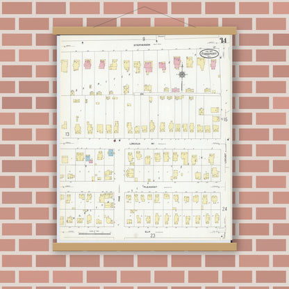 Old map wall art mockup — magnetic wood frame on brick wall — Sanborn Fire Insurance Map from Freeport, Stephenson County, Illinois (1910), Sheet #0014