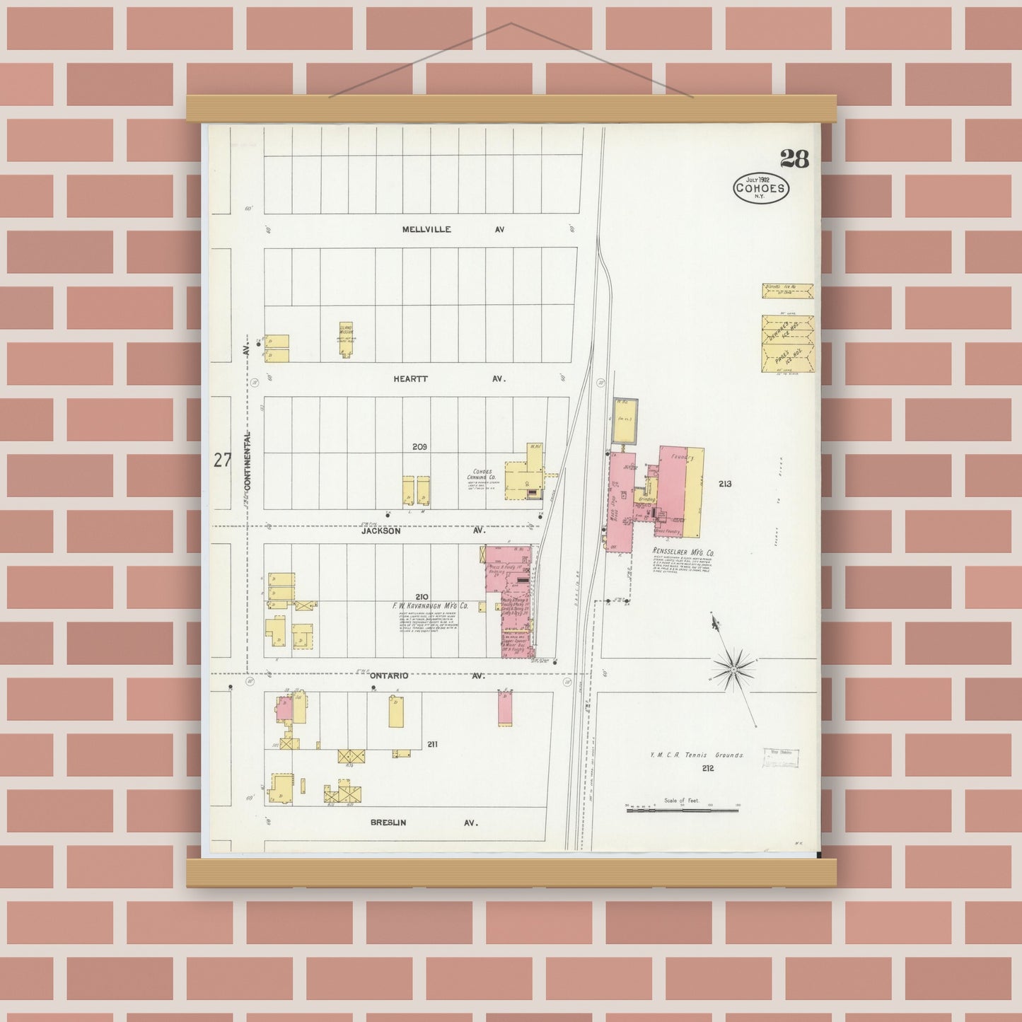 Old map wall art mockup — magnetic wood frame on brick wall — Sanborn Fire Insurance Map from Cohoes, Albany County, New York (1902), Sheet #0028