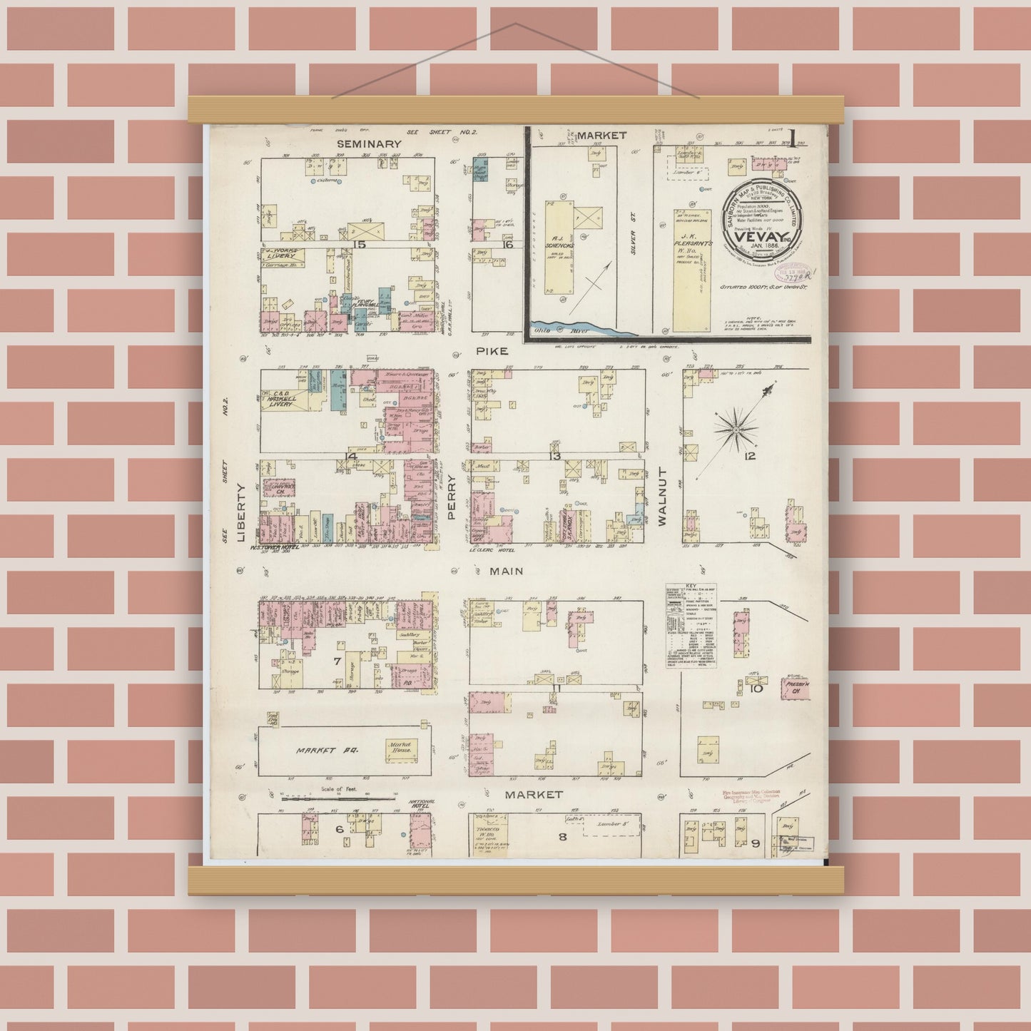 Old map wall art mockup — magnetic wood frame on brick wall — Sanborn Fire Insurance Map from Vevay, Switzerland County, Indiana (1886), Sheet #0001