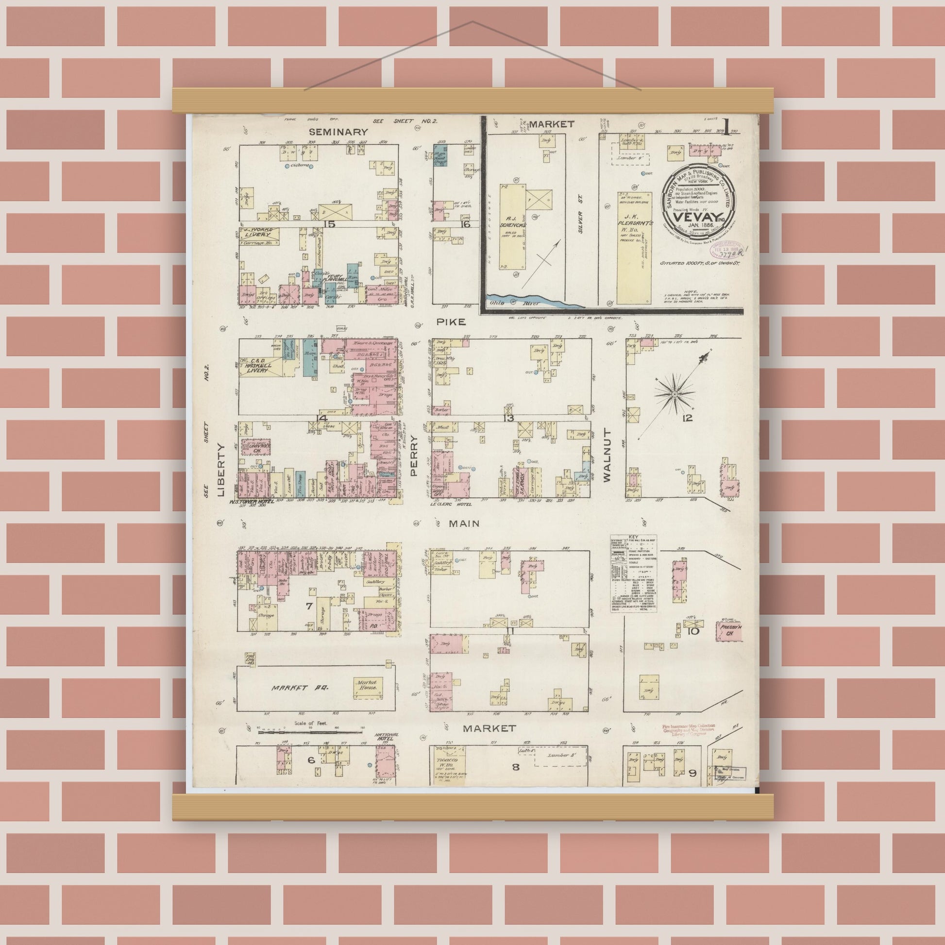Old map wall art mockup — magnetic wood frame on brick wall — Sanborn Fire Insurance Map from Vevay, Switzerland County, Indiana (1886), Sheet #0001